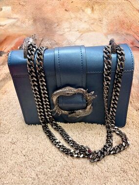 Italian Blue Crossbody Bag with Silver Chain